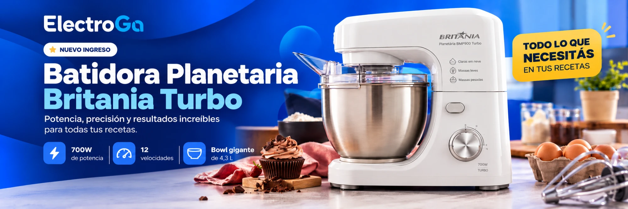 Batidora Planetaria Britania Turbo - 700W, 12 velocidades, bowl gigante de 4,3 L